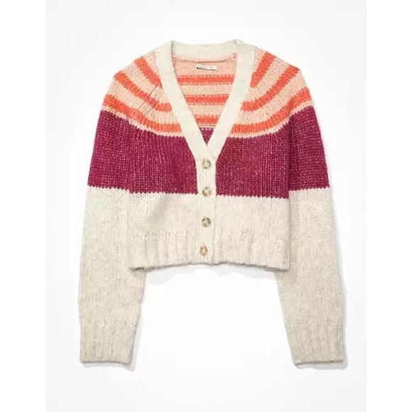 American Eagle Colorblock Button-Up Striped Cardigan Sweater Small Artsy Preppy - Picture 3 of 10
